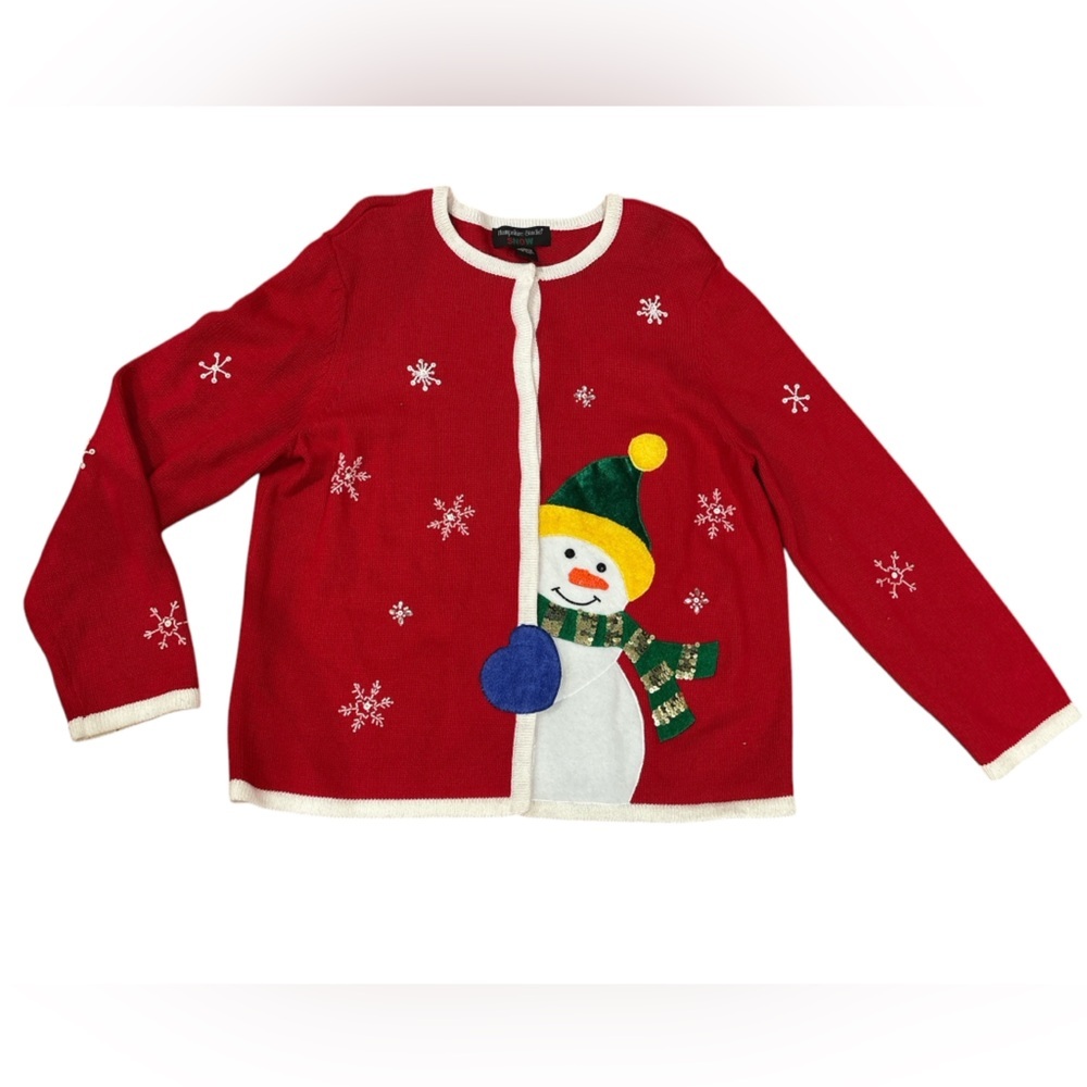 90s HAMPSHIRE STUDIO SNOW RED & WHITE APPLIQUES HOLIDAY SNOWMAN CARDIGAN SZ XL